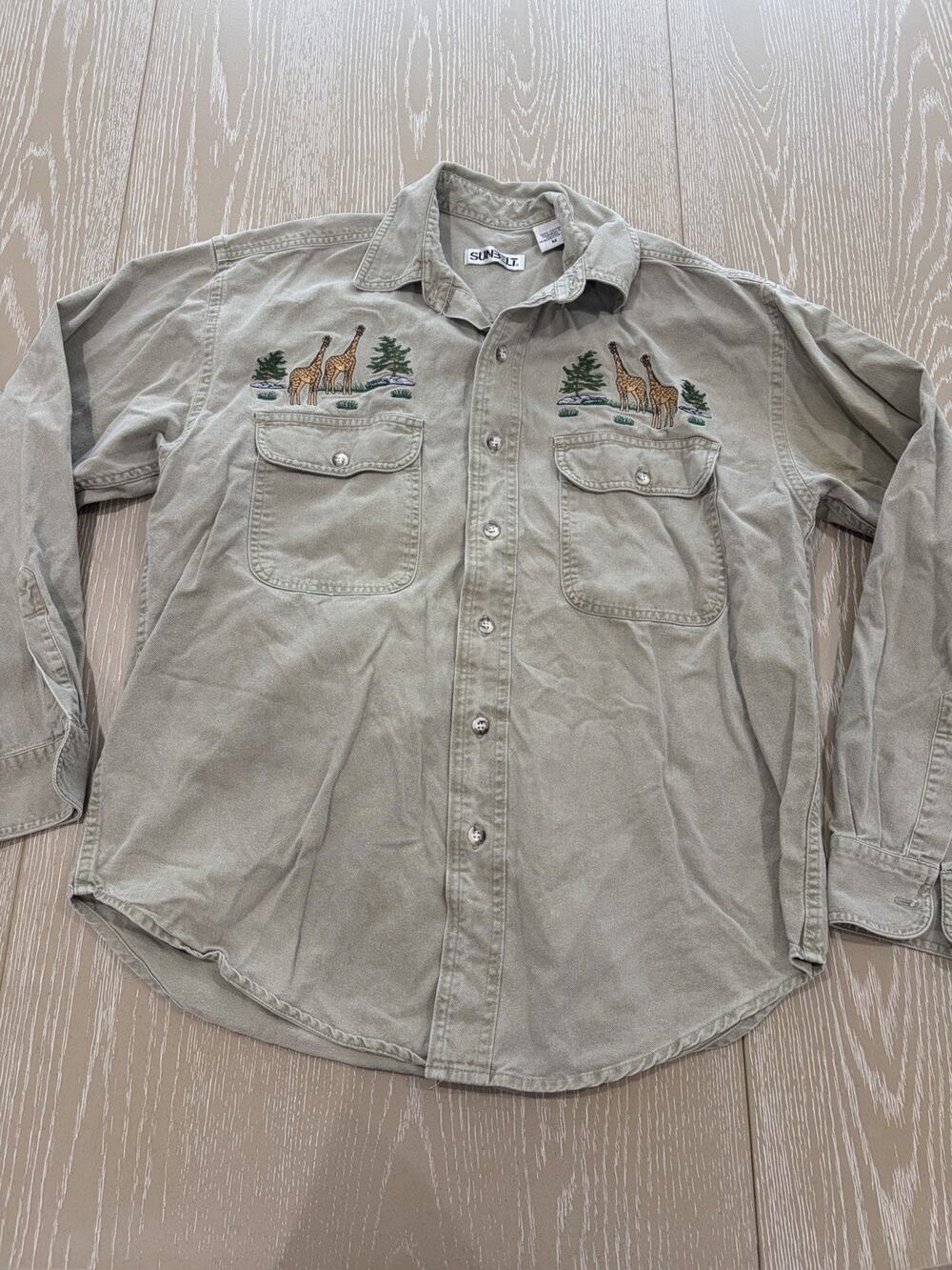 Sunbelt Vintage Tan Long Sleeve Embroidered Women’s Size Medium 100% Cotton